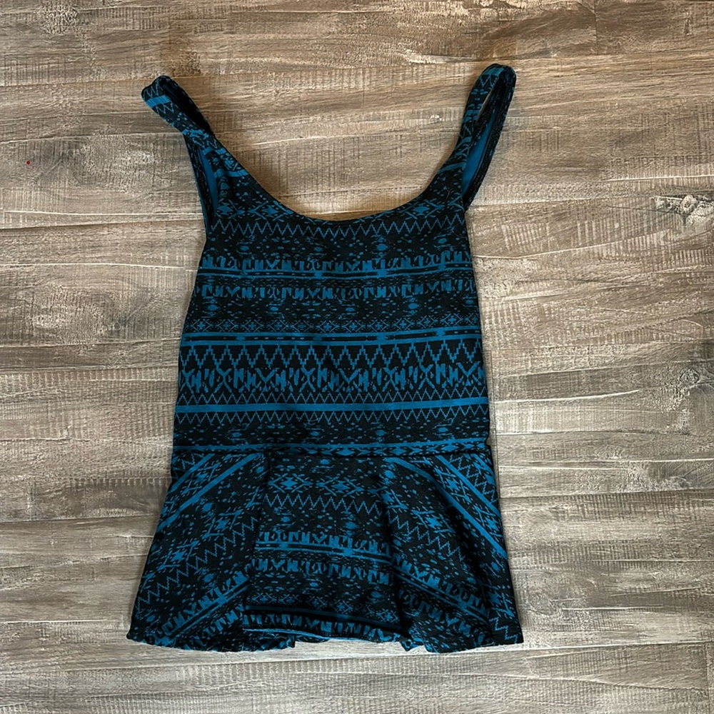 Express Blue and Black Patterned Peplum Tank Top